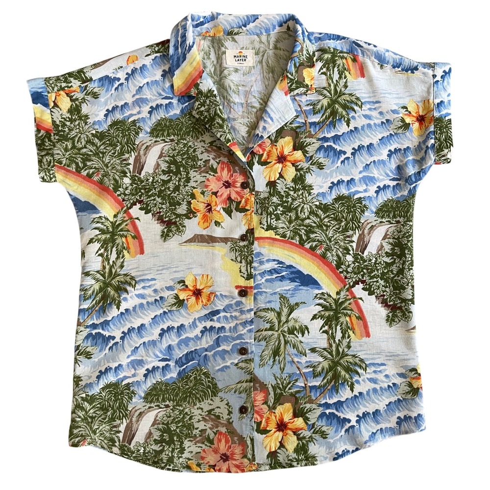 Marine Layer Malia Hawaiian Print Linen Blend‎ Camp Shirt Women XS Blue Tropical